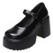 Round Toe Chunky Heels Platforms Mary Janes Pumps - Black Faux Leather