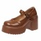 Round Toe Chunky Heels Platforms Mary Janes Pumps - Brown Patent