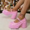 Round Toe Chunky Heels Platforms Mary Janes Pumps - Pink Patent