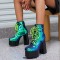 Round Toe Sequined Lace Up Chunky Heels Ankle High Platforms Boots - Green