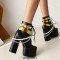 Round Toe Ankle Buckle Straps Pearl Beads with Chain Decorated Chunky Heels Platforms Gothic Punk Crocodile Boots - Black