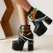 Round Toe Ankle Buckle Straps Pearl Beads with Chain Decorated Chunky Heels Platforms Gothic Punk Crocodile Boots - Black