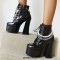 Round Toe Pearl Beads with Chain Decorated Chunky Heels Platforms Gothic Punk Boots - Black