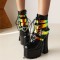 Round Toe Lace Up Zipper Ankle Buckle Bat Straps Chunky Heels Platforms Gothic Punk Boots - Black