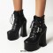 Round Toe Lace Up Zipper Ankle Buckle Bat Straps Chunky Heels Platforms Gothic Punk Boots - Black