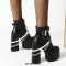 Round Toe Ankle Buckle Straps Pearl Beads with Chain Decorated Chunky Heels Platforms Gothic Punk Boots - Black