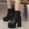 Square Toe Chunky Heels Side Zipper Socks Ankle Highs Platforms Boots - Black