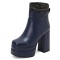 Square Toe Chunky Heels Side Zipper Socks Ankle Highs Platforms Boots - Blue