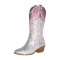 Pointed Toe Chunky Heels Glitter Bling Shiny Rhinestones Knee Highs Boots - Silver Pink