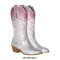 Pointed Toe Chunky Heels Glitter Bling Shiny Rhinestones Knee Highs Boots - Silver Pink
