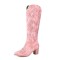 Pointed Toe Chunky Heels Embroidered Pueblo Western Style Knee Highs Cowboy Boots - Pink Flock