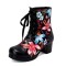 Round Toe Block Heels Printed Lace Up Flowers Ankle Highs Boots - Black Faux Leather
