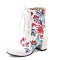 Round Toe Block Heels Printed Lace Up Flowers Ankle Highs Boots - White Faux Leather