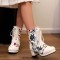 Round Toe Block Heels Printed Lace Up Flowers Ankle Highs Boots - White Faux Leather