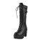 Round Toe Chunky Heels Platforms Side Zip Lace Up Knee High Ankle Straps Boots - Black