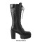 Round Toe Chunky Heels Platforms Side Zip Lace Up Knee High Ankle Straps Boots - Black
