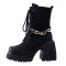 Round Toe Chunky Heels Platforms Chain Decorated Punk Ankle Highs Boots - Black