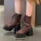 Round Toe Chunky Heels Platforms Chain Decorated Punk  Ankle Highs Boots - Brown