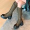 Round Toe Chunky Heels Platforms Chain Decorated Punk Knee Highs Boots - Brown