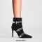 Pointed Toe Stiletto Heels Rhinestones Belt Buckle Ankle Highs Booties - Black