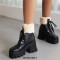Square Toe Winter Snow Lace Up Chunky Heels Ankle High Platforms Boots - Black