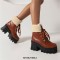 Square Toe Winter Snow Lace Up Chunky Heels Ankle High Platforms Boots - Brown