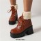 Square Toe Winter Snow Lace Up Chunky Heels Ankle High Platforms Boots - Brown