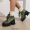 Square Toe Winter Snow Lace Up Chunky Heels Ankle High Platforms Boots - Green