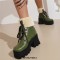 Square Toe Winter Snow Lace Up Chunky Heels Ankle High Platforms Boots - Green