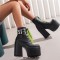 Square Toe Cowboy Buckle Belts Lace Up Chunky Heels Ankle High Platforms Boots - Black