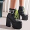 Square Toe Cowboy Buckle Belts Lace Up Chunky Heels Ankle High Platforms Boots - Black