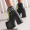 Square Toe Cowboy Buckle Belts Lace Up Chunky Heels Ankle High Platforms Boots - Black