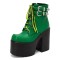 Square Toe Cowboy Buckle Belts Lace Up Chunky Heels Ankle High Platforms Boots - Green