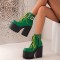 Square Toe Cowboy Buckle Belts Lace Up Chunky Heels Ankle High Platforms Boots - Green