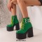 Square Toe Cowboy Buckle Belts Lace Up Chunky Heels Ankle High Platforms Boots - Green
