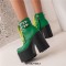 Square Toe Cowboy Buckle Belts Lace Up Chunky Heels Ankle High Platforms Boots - Green