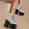 Square Toe Cowboy Buckle Belts Lace Up Chunky Heels Ankle High Platforms Boots - White