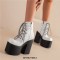 Square Toe Cowboy Buckle Belts Lace Up Chunky Heels Ankle High Platforms Boots - White