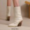Pointed Toe Chunky Heels Knee Highs Side Zipper Cowboy Wedges Boots - Apricot