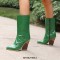 Pointed Toe Chunky Heels Knee Highs Side Zipper Cowboy Crocodile Print Wedges Boots - Green