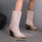 Pointed Toe Chunky Heels Knee Highs Side Zipper Cowboy Snake Print Wedges Boots - Pink