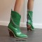 Pointed Toe Chunky Heels Mid Calf Chain Decorated Crocodile Print Cowboy Wedges Boots - Green