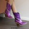 Pointed Toe Chunky Heels Mid Calf Chain Decorated Crocodile Print Cowboy Wedges Boots - Purple