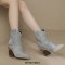 Pointed Toe Chunky Heels Chain Decorated Crocodile Print Ankle Highs Wedges Cowboy Boots - Light Blue