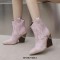 Pointed Toe Chunky Heels Chain Decorated Crocodile Print Ankle Highs Wedges Cowboy Boots - Pink