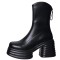 Round Toe Chunky Heels Back Zipper Ankle High Marshmallow Winter Boots - Black