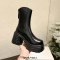 Round Toe Chunky Heels Back Zipper Ankle High Marshmallow Winter Boots - Black