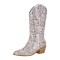 Pointed Toe Chunky Heels Sparkly Rhinestones Pull On Knee Highs Boots - White