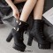 Round Toe Buckle Straps Autumn Winter Lace Up Zipper Chunky Heels Ankle High Platforms Boots - Black