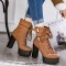 Round Toe Buckle Straps Autumn Winter Lace Up Zipper Chunky Heels Ankle High Platforms Boots - Brown